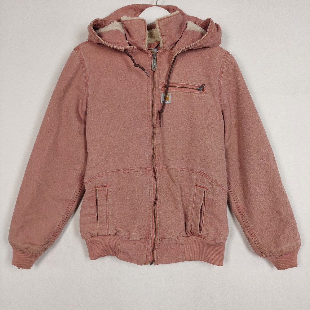 Carhartt Pink Canvas Sherpa Lined Hooded Jacket Small S 4/6 Workwear Coat